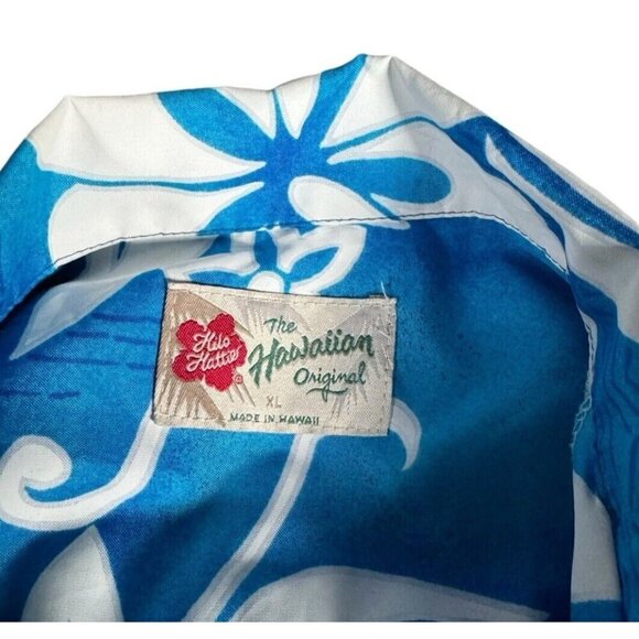 VTG Hilo Hattie Mens Sz XL Blue White Hawaiian Floral Button Up Shirt Polyester - Picture 4 of 6